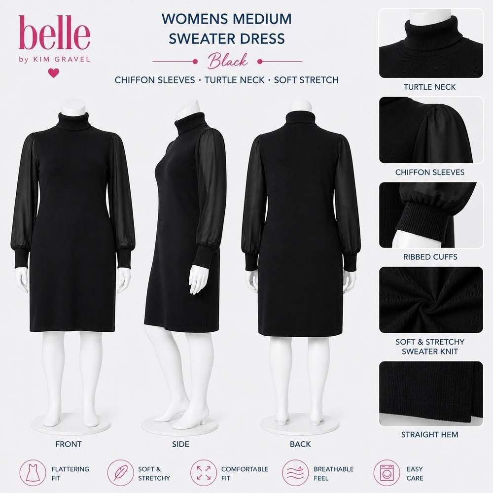 Belle by Kim Gravel Womens Medium Sweater Dress Black Chiffon Sleeve A620787